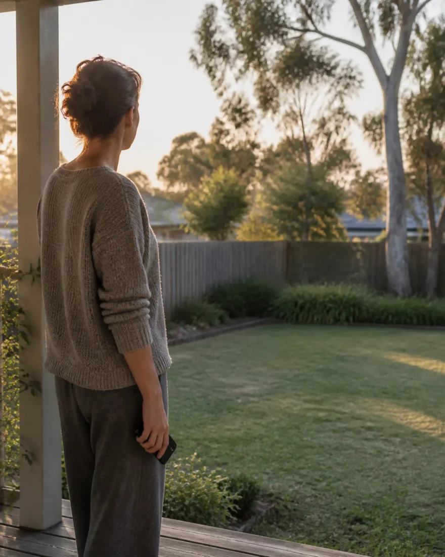 A woman on a back veranda at first light, phone in hand